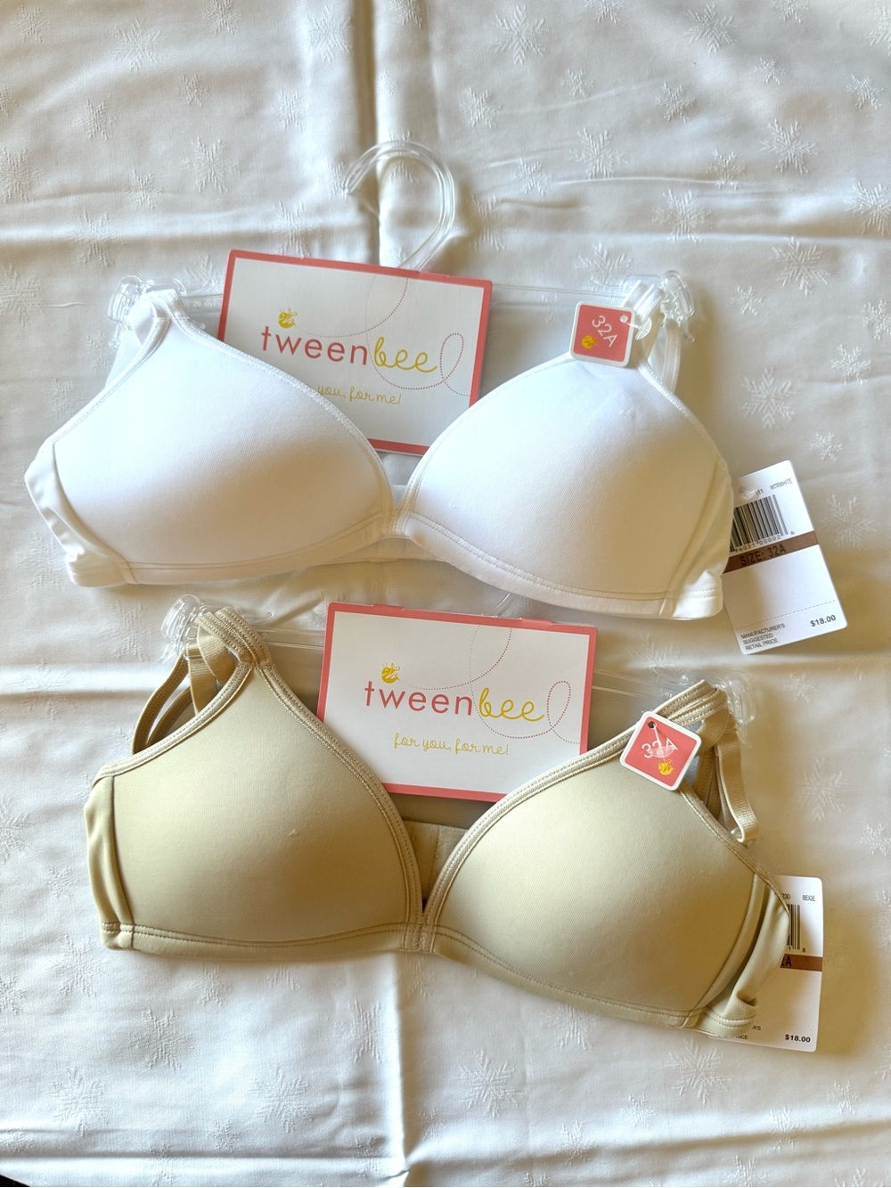 NWT Tween Bee girls bras 2 pack full coverage white & beige
